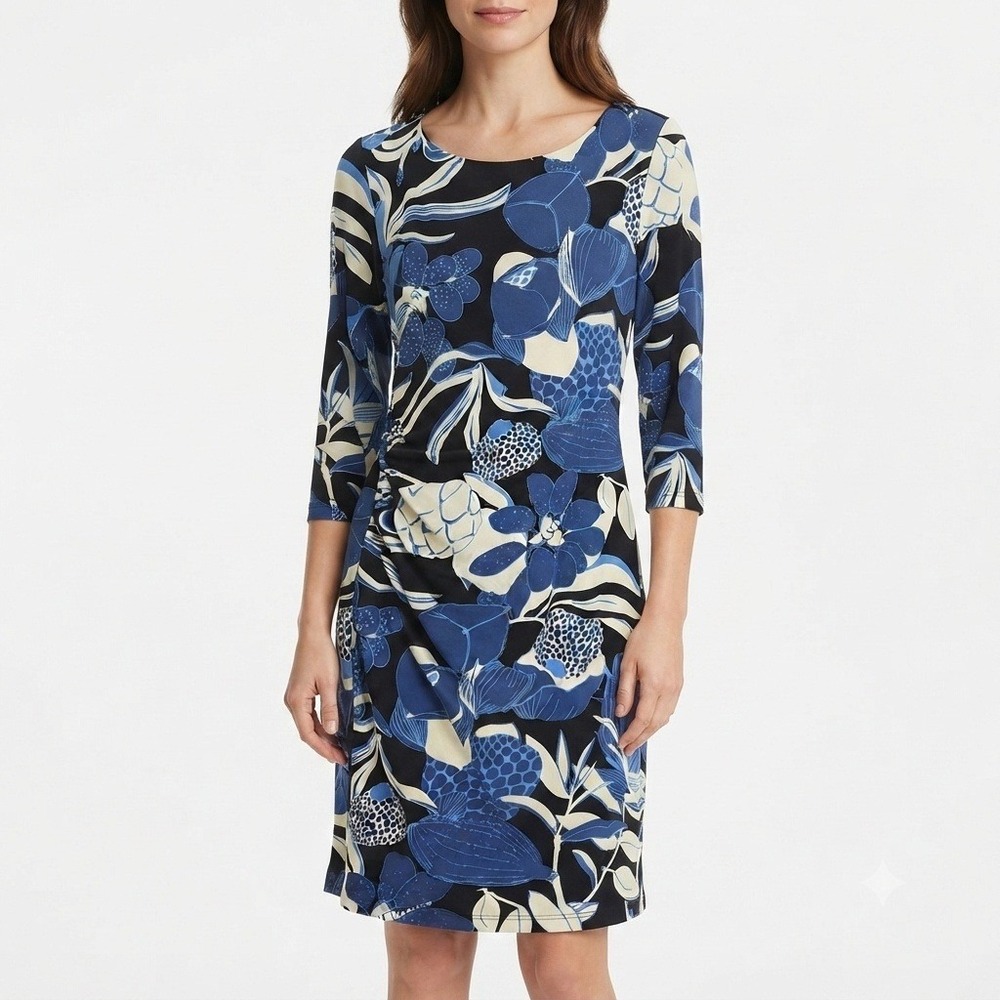 J.McLaughlin Sheath Ruched Dress Blue Floral Women‎ Size Medium 3/4 Sleeves